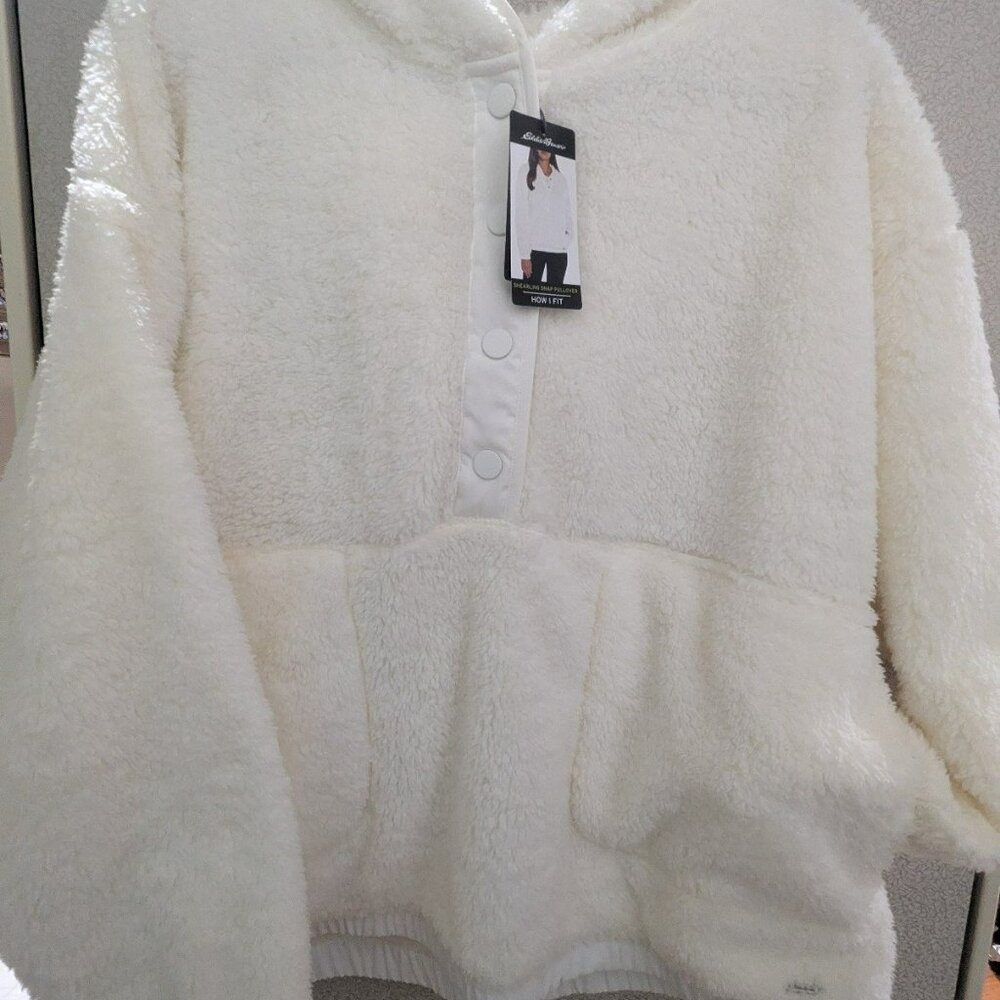 NEW Eddie Bauer Shearling Snap Hooded Pullover With Pockets Ivory $70 Women XL
